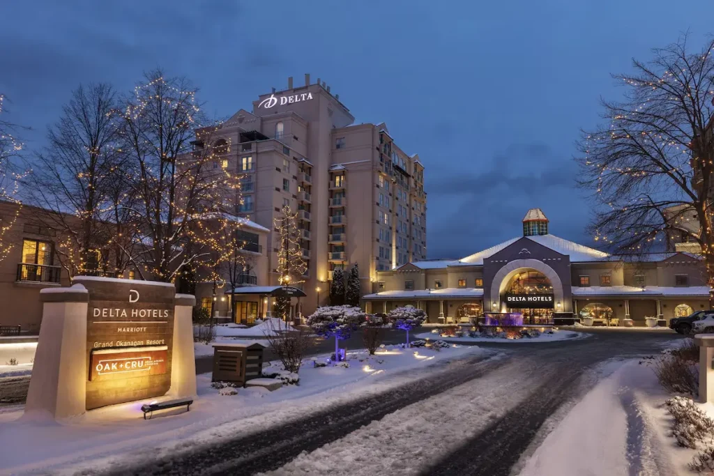 Hotel exterior lit in the evening